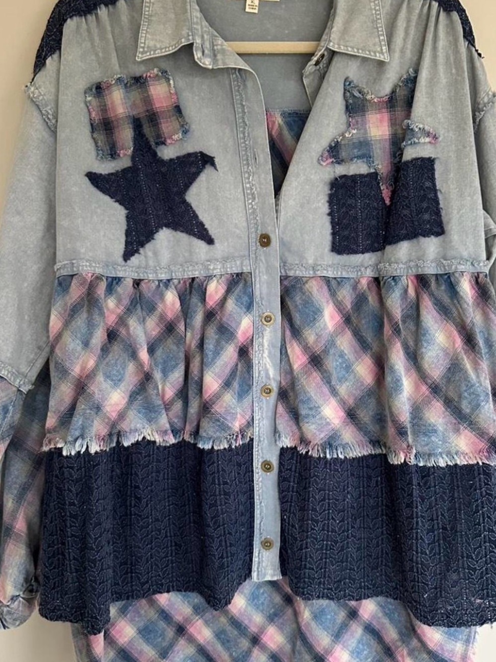 Blue Velvet Woman’s Patchwork Plaid & Navy Star Tiered Shirt Jacket